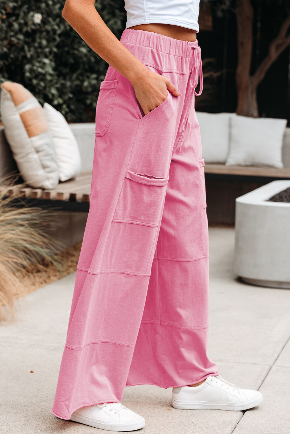 Black Mineral Wash Exposed Seam Drawstring Elastic Waistband Wide Leg Cargo Pants